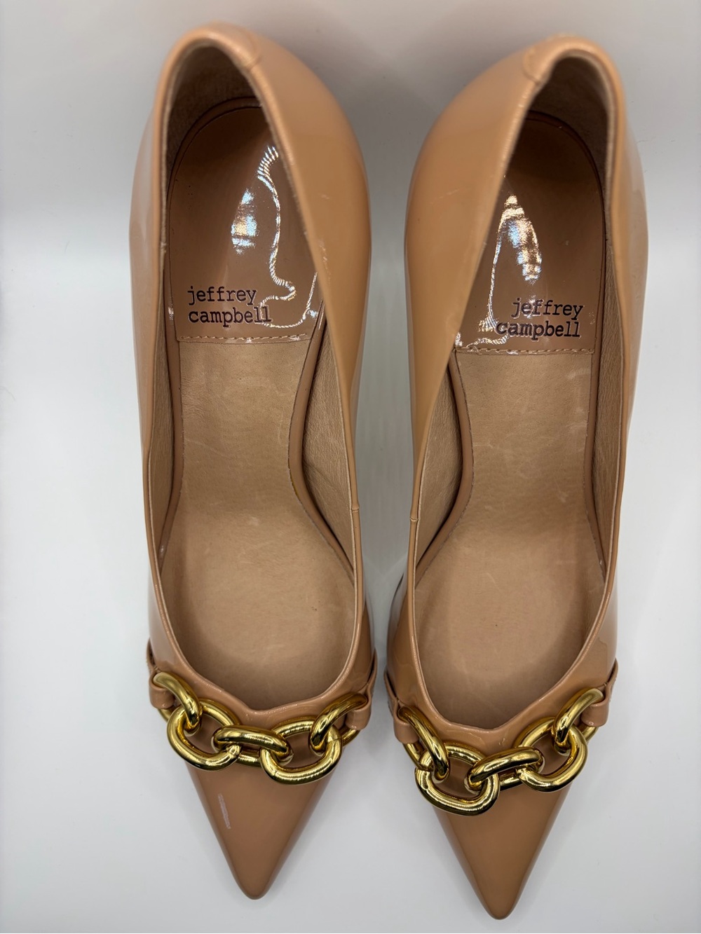 Jeffrey Campbell Nude Tan Pointed-Toe Pumps with Gold Chain
